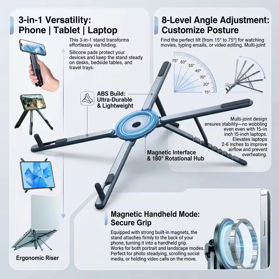 Desk Setup Laptop - Portable Magnetic Phone Holder & Selfie